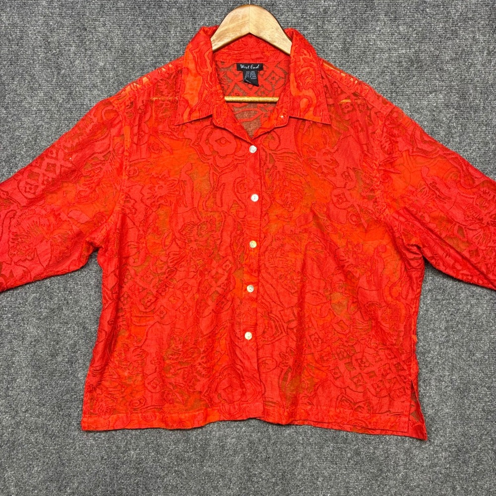 VTG 90s West End Button Down Womens XL Floral Sheer Burnout 3/4 Sleeve Boho Art